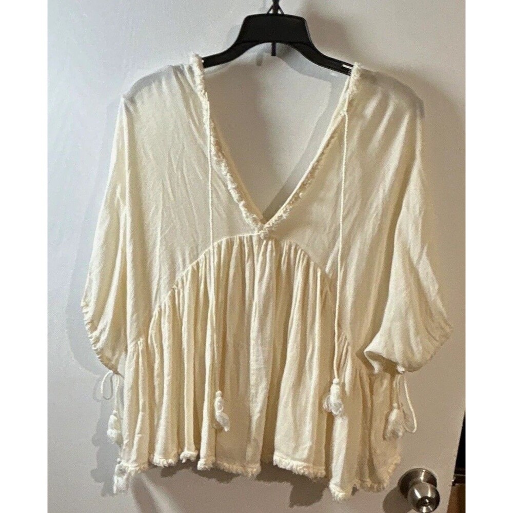 Women’s XS Ivory V-Neck Dolman Short Sleeve Tassel Tie Boho Blouse